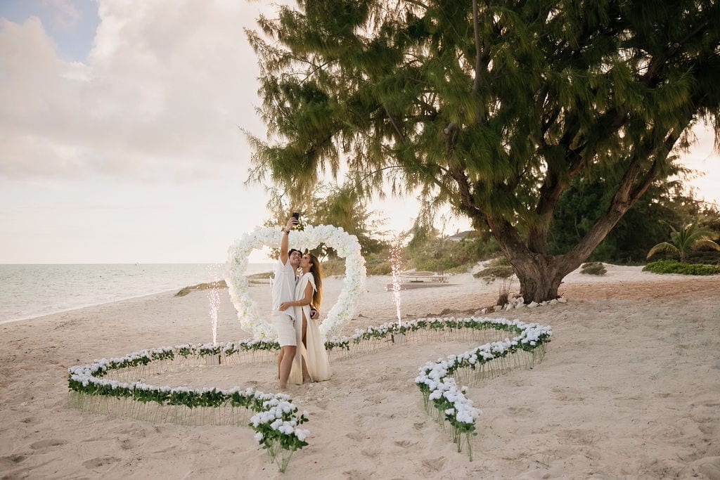 The whole setting — the arch, the roses and the sea