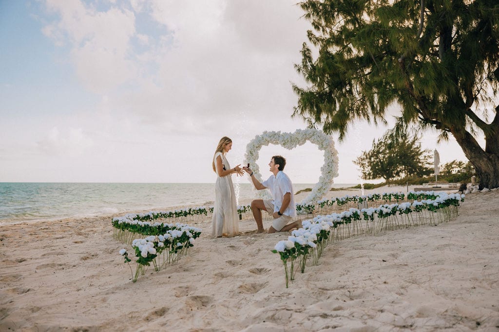 Amit on one knee beneath the flower arch