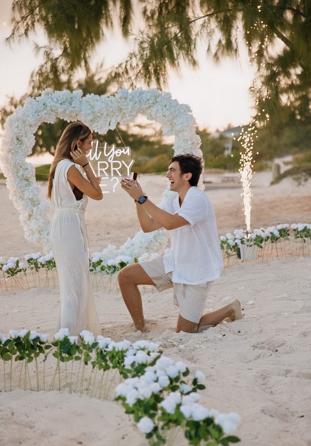 Alex with her hands to her face as Amit kneels